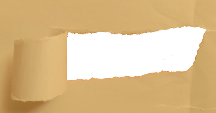 Torn brown paper banner with ripped edges and rolled side Ripped craft cardboard sheet opening with transparent background grid window