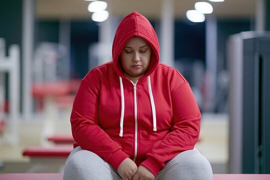Tired plus-size woman sits on gym bench