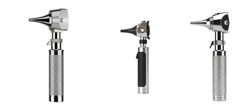Professional metal otoscope set with illuminated tips and ergonomic handles, medical diagnostic tools used by doctors to examine ears in clinic or home care settings

