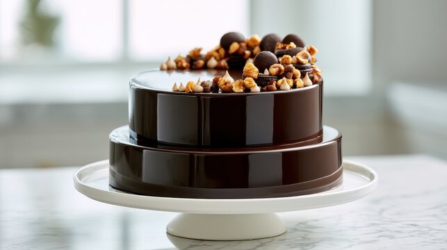 Two-tiered chocolate mirror glaze cake topped with roasted hazelnuts on a white stand in a bright kitchen for premium patisserie branding