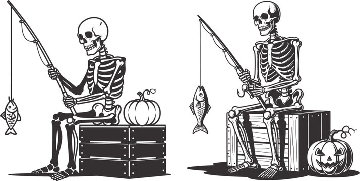 Halloween fishing skeletons spooky black and white illustrations for decoration