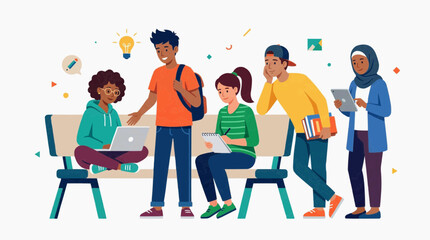 Obraz premium Diverse group of students collaboratively working on a bench with gadgets and ideas. They are likely involved in a project, brainstorming or other academic endeavors.