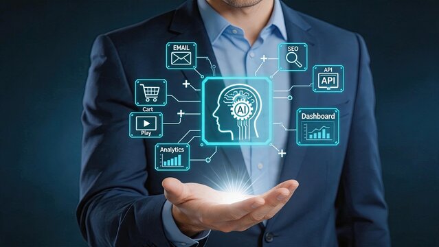 Businessman holding holographic AI interface, artificial intelligence brain with gears, digital marketing tools icons for SEO, email, analytics, dashboard and API technology
