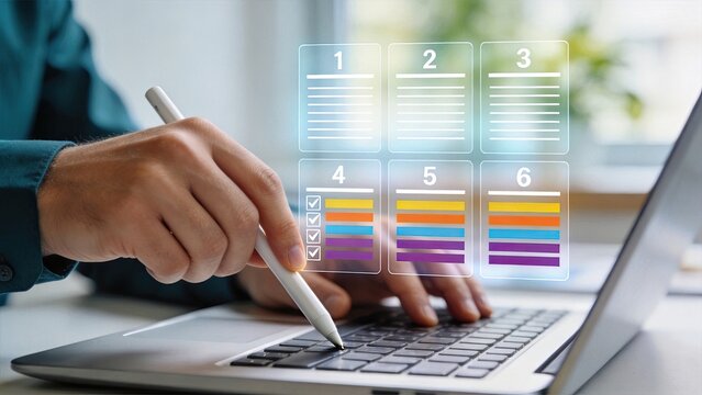 Person typing on laptop keyboard with holographic checklist overlay, six step planning process, task management icons with colored bars and checkmarks for project organization and
