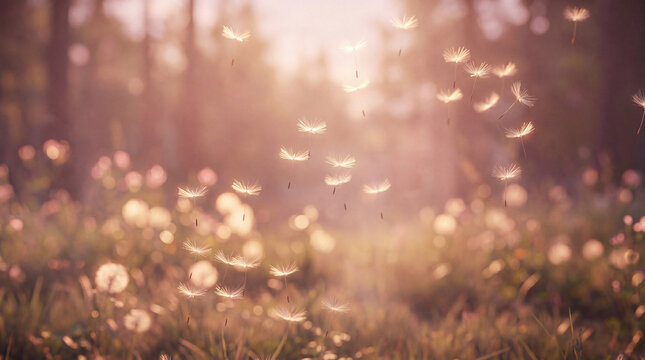 Dandelion seeds gracefully floating through a sun-drenched meadow during golden hour, evoking peace and freedom.