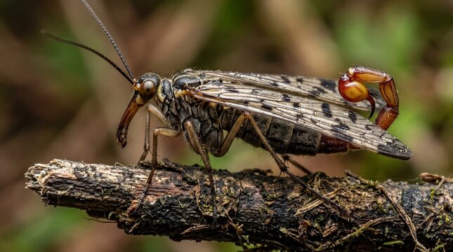 Macro shot of a rare scorpionfly perched on a tree branch in the wild forest (Generative AI)
