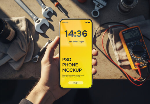 Smartphone over garage counter with tools for mechanic or car app mockup