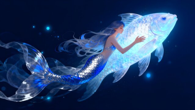 Mermaid with glowing fish in dark water