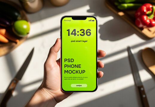 Smartphone over kitchen counter mockup