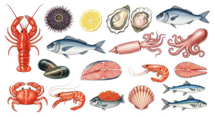 Obraz premium Colorful illustration of various seafood including fish, shellfish, and crustaceans arranged artistically with lemon and oysters on a white background