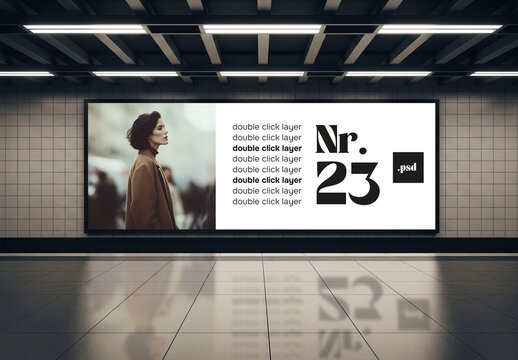 A large wall poster mockup in an underground metro station