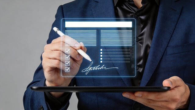 Businessman signing digital contract document on tablet screen with stylus pen, featuring checklist and signature line for electronic agreement and paperless workflow.
