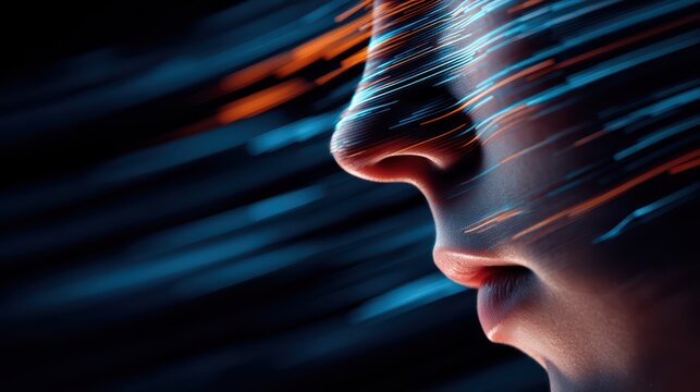 Enigmatic human profile infused with vibrant blue and orange light streams, reflecting digital innovation.