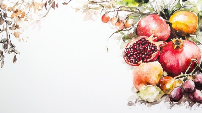Watercolor fruit still life, vibrant fall harvest, background branches