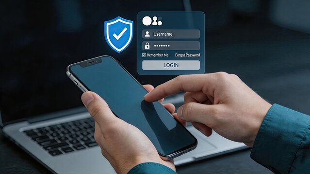 Secure mobile login interface with password entry form, smartphone authentication process for online account access and digital identity verification system