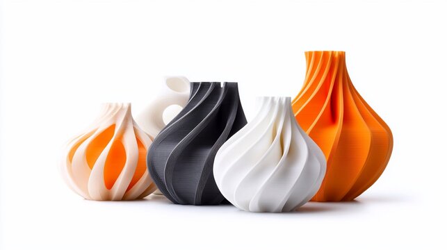 Abstract 3DPrinted Vases Modern Design Swirling Forms Vibrant Colors White Background.