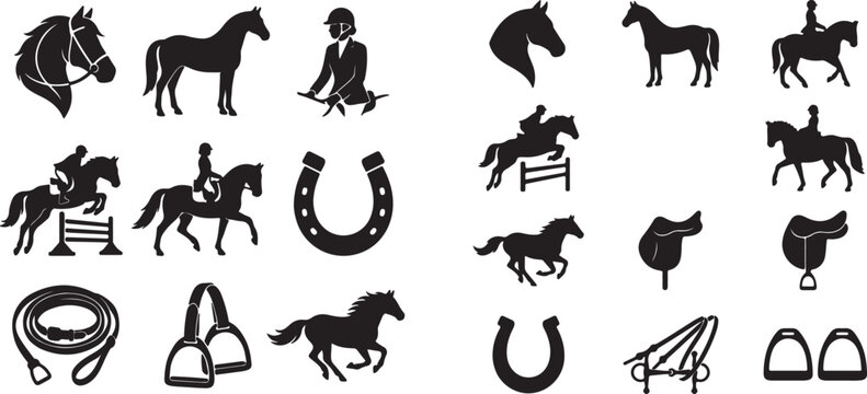 A collection of wild and farm animal silhouettes including a running horse, dog, and lion in a black vector icon set for nature and pet illustrations