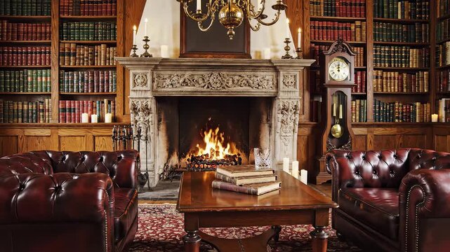 Elegant library with fireplace and leather chairs perfect for cooking tutorials and recipe showcases