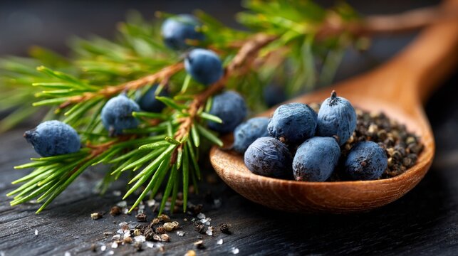 Fresh juniper berries on pine branch with wooden spoon showcasing aromatic culinary and botanical ingredients in rustic kitchen setting