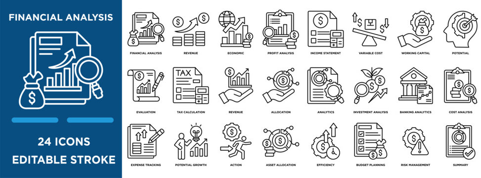 Financial analysis icon collection set. Containing design revenue, economic, profit analysis, income statement, cost analysis,and summary icon. simple line vector editable