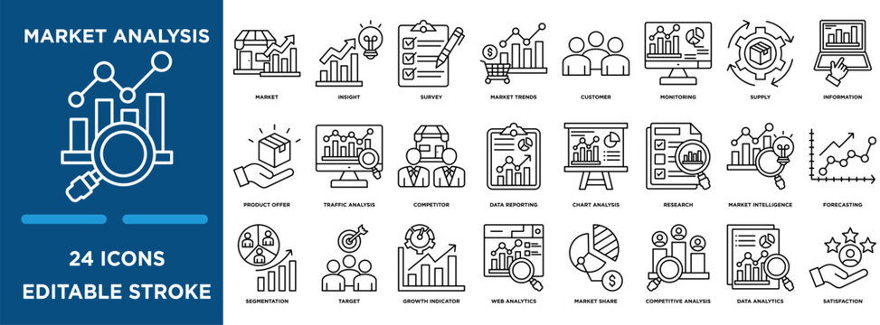 Market analysis icon collection set. Containing design invitation, event, registration, promotion, campaign, scheduling,and coordinator icon. simple line vector editable
