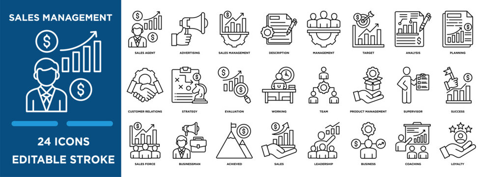 Sales management icon collection set. Containing design sales agent, planning, sales management, strategy, management, target, analysis, and advertising icon. simple line vector editable