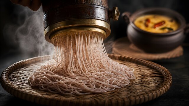 Fresh string hoppers are pressed onto a woven tray with rising steam. Ideal for Sri Lankan cuisine, South Indian food, culinary heritage, and restaurant marketing.