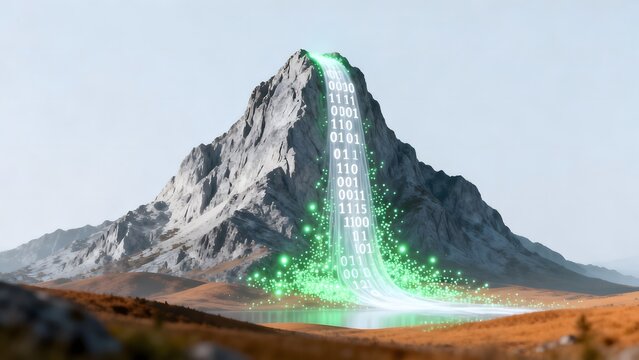 Mountain with glowing binary code waterfall