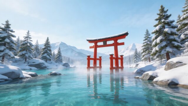 Snowy Torii Gate by Water