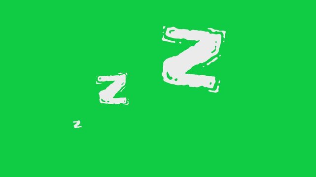 Hand-drawn white scribble ZZZ sleep animation with a jittery effect on a green screen. Artistic 2D motion graphic representing sleeping, dreaming, tiredness, or boredom for creative video editing.