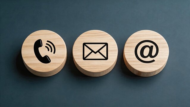 Three round wooden blocks arranged in a row featuring black contact icons: telephone receiver, envelope mail, and at symbol representing communication methods and customer support