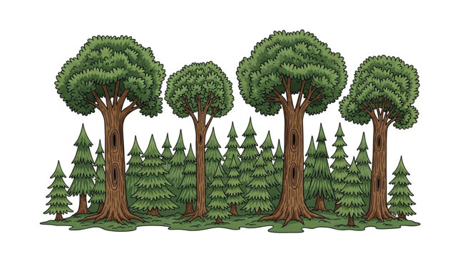 Diverse forest with tall trees and evergreen foliage.