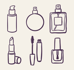 Beauty cosmetics and makeup, skincare hand drawn vector illustration set with perfume bottles, lipstick, mascara and nail polish © CreativeVerse