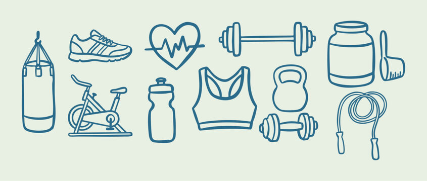 Fitness, gym and workout hand drawn icon set with dumbbells, barbells, punching bag, jump rope and protein supplement. vector illustration