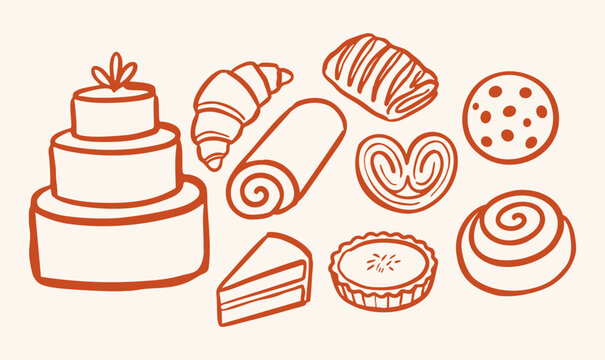 Hand drawn bakery pastry and sweet dessert vector set with multi-tiered cake, croissant, palmier, cinnamon roll and cookie. illustration