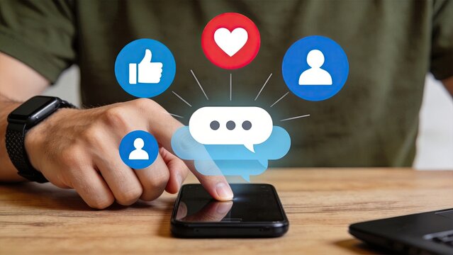 Hand Touching Smartphone With Floating Social Media Icons, Engagement Metrics Like Likes Hearts Comments, Mobile App Interaction And User Connection