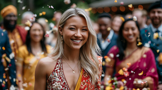 A multicultural wedding crowd tosses wildflower petals in an outdoor summer ceremony, guests in saris, kilts, and dashikis visible, perfect for cultural mixed marriages, joyful ceremony, and contemp