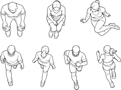 CAD Human Figure Outline Set, Men and Women Top View  Sitting, Walking, Running 
Vector Collection