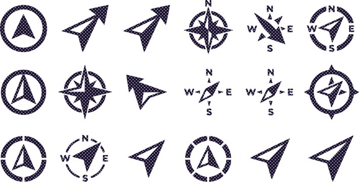 Directional arrow and compass vector icon set, navigation symbols, location pointers, and orientation graphics for mapping and travel applications isolated PNG with Transparent Background