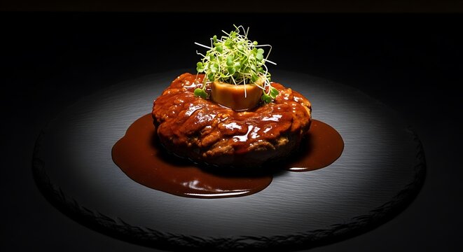 Delicious beef osso buco veal shank with red wine sauce and fresh green garnish on a black plate. veal osso bucco 