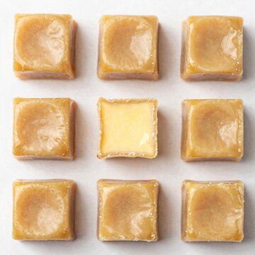 Nine caramel squares arranged neatly on a plain surface. Each piece gleams with a smooth, golden-brown finish. One square has been cut, revealing a softer, lighter interior