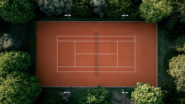 Aerial view of a clay tennis court from above, bird's eye sport facility concept, drone photography, with copy space