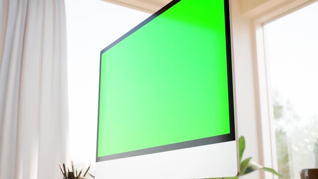 Computer Monitor Green Screen Mockup Low Right Angle Orbit &ndash; Cinematic Camera Rise in Scandinavian Home Office