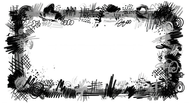 Rectangular frame composed of chaotic hand-drawn scribbles, ink strokes, cross-hatching, and circular patterns in black and white on a black