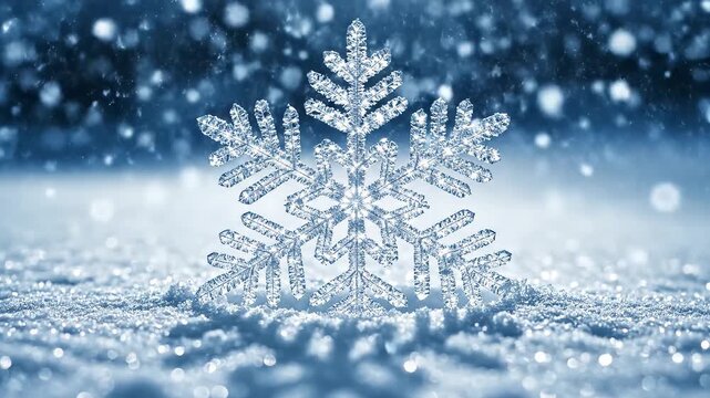 Snowflake on snowy surface ideal for sleek commercial backgrounds and title sequences