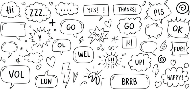 hand drawn speech bubbles and doodles black and white illustration