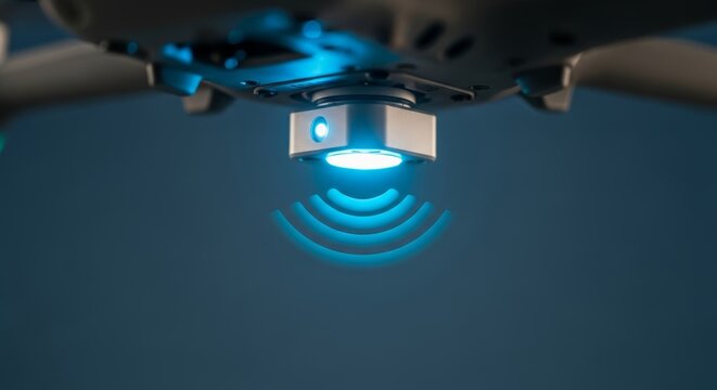 Close-up of a drone sensor with blue light emitting wireless signals, highlighting advanced aerial technology.
