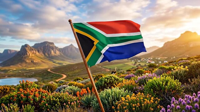 Slow motion pan and tilt tracking of south african flag waving on pole over coastal mountain wildflower landscape at sunrise