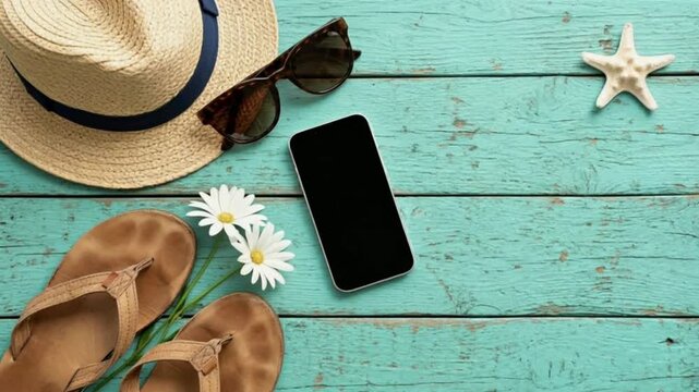 video of flat lay of beach essentials and smartphone with blank black screen on weathered turquoise wooden surface. concepts of summer holidays, vacation, health care, spf protection