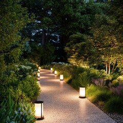 Fototapeta premium Walking Path With Lanterns in a Garden at Night Under a Clear Sky With Trees Nearby